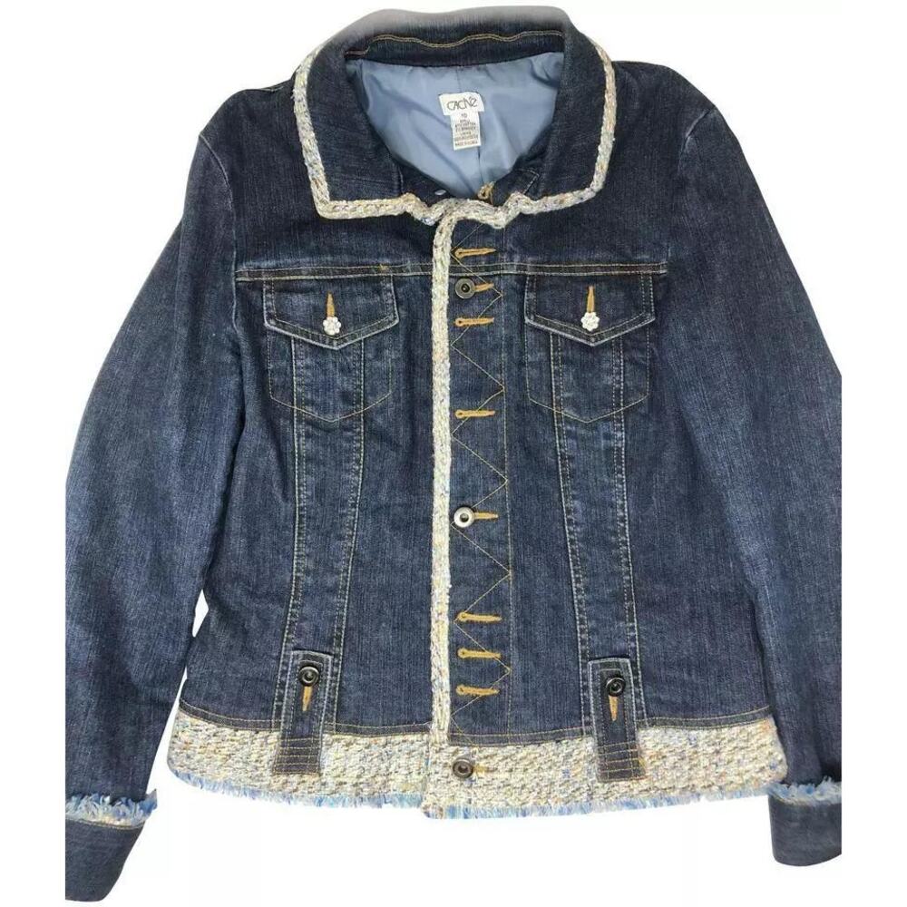 Cache Denim Jacket Rhinestone Buttons Lined Boucle Tweed Top NWT $188 New